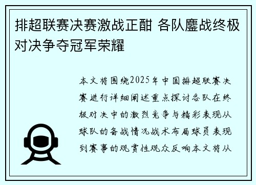 排超联赛决赛激战正酣 各队鏖战终极对决争夺冠军荣耀