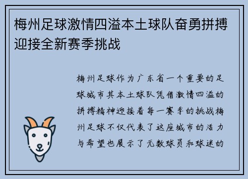 梅州足球激情四溢本土球队奋勇拼搏迎接全新赛季挑战
