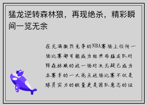 猛龙逆转森林狼，再现绝杀，精彩瞬间一览无余