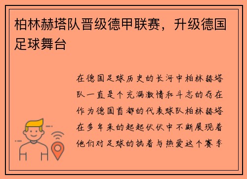 柏林赫塔队晋级德甲联赛，升级德国足球舞台
